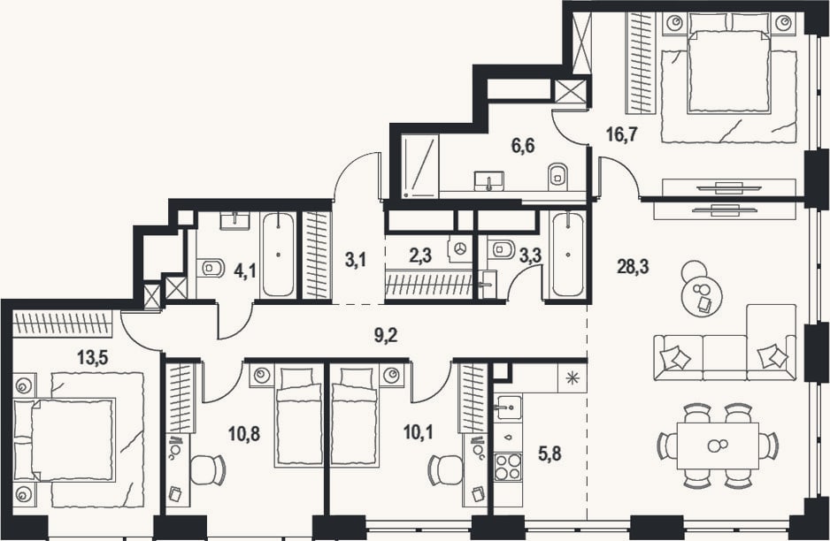 Планировка: 4+ к, 113,8 м²