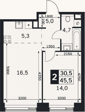 Планировка: 2-к, 45,5 м²