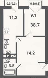 Планировка: 1-к, 38,1 м²