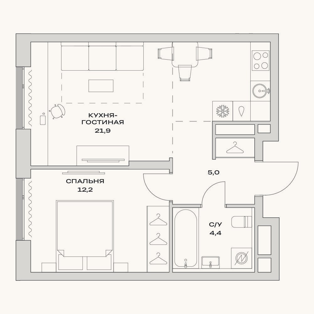 Планировка: 1-к, 43,5 м²