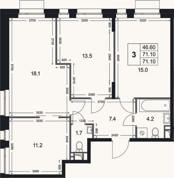 Планировка: 3-к, 71,1 м²