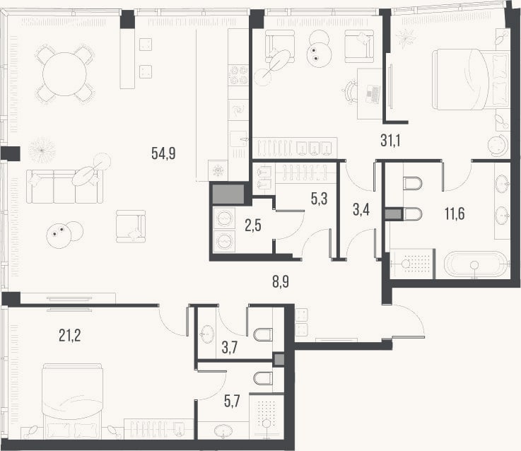 Планировка: 3-к, 148,3 м²