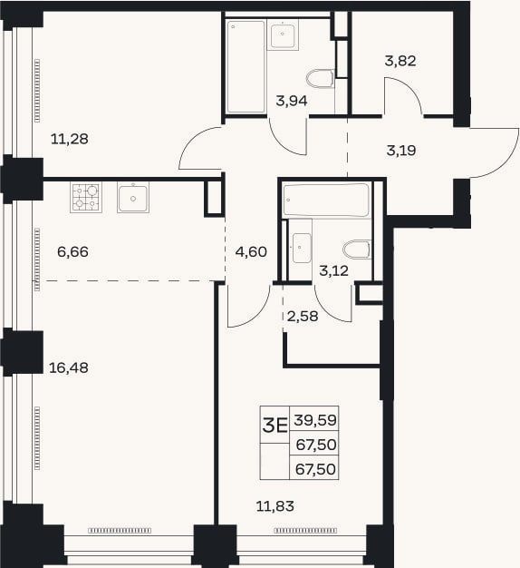 Планировка: 3-к, 67,5 м²