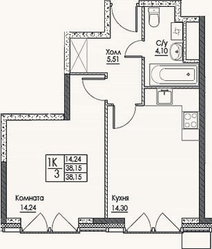 Планировка: 1-к, 38,2 м²
