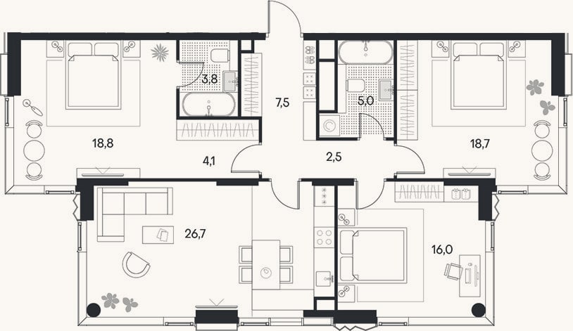 Планировка: 4+ к, 102,9 м²