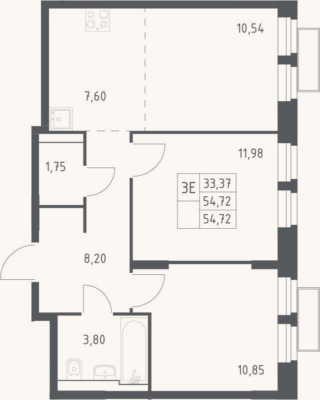 Планировка: 3-к, 54,7 м²