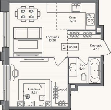Планировка: 2-к, 45,3 м²