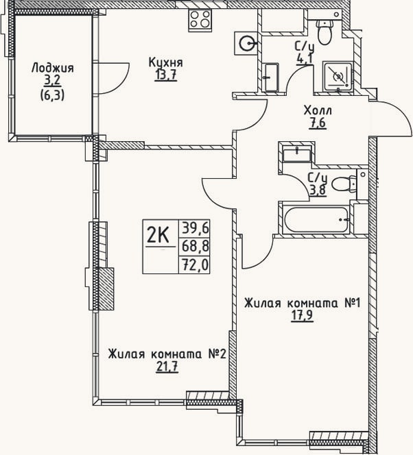 Планировка: 2-к, 68,8 м²