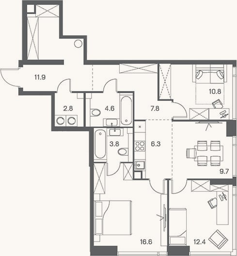Планировка: 4+ к, 86,7 м²