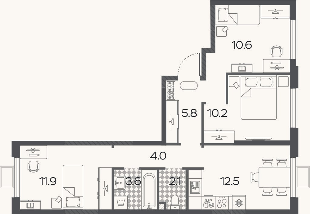 Планировка: 3-к, 60,7 м²