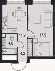 Планировка: 1-к, 36,9 м²