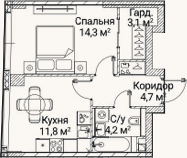 Планировка: 1-к, 38,1 м²