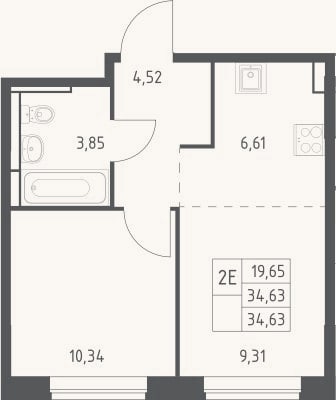 Планировка: 2-к, 34,6 м²