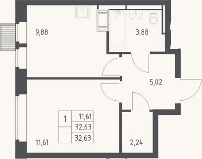 Планировка: 1-к, 32,6 м²