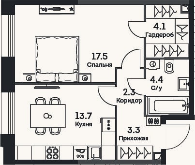 Планировка: 1-к, 45,3 м²