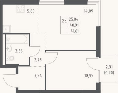 Планировка: 2-к, 40,9 м²