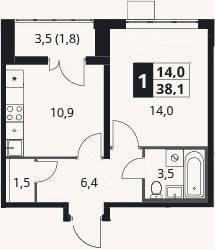 Планировка: 1-к, 36,3 м²