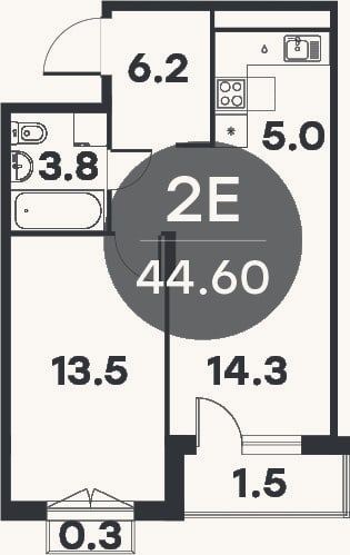 Планировка: 2-к, 42,8 м²