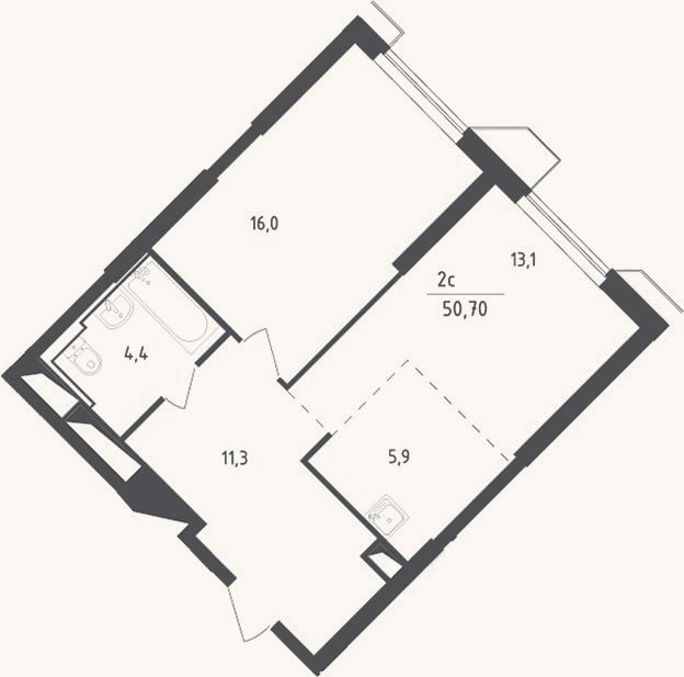Планировка: 2-к, 50,7 м²