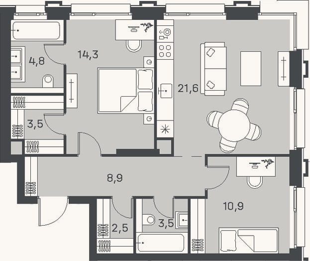 Планировка: 3-к, 70 м²