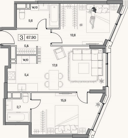 Планировка: 3-к, 67,9 м²