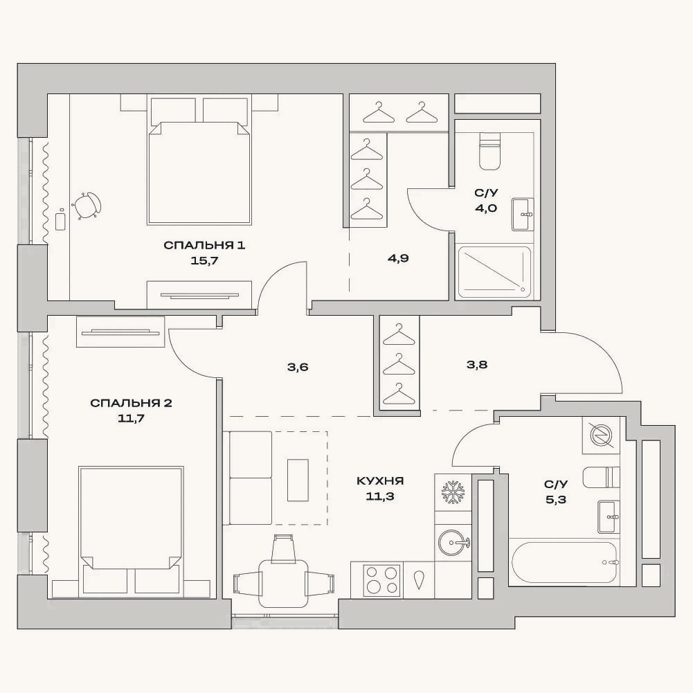 Планировка: 2-к, 60,3 м²