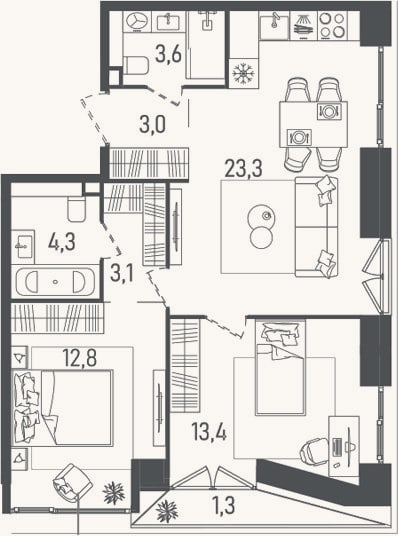 Планировка: 3-к, 63,5 м²