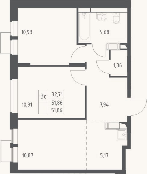 Планировка: 3-к, 51,9 м²