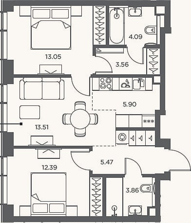 Планировка: 3-к, 61,8 м²