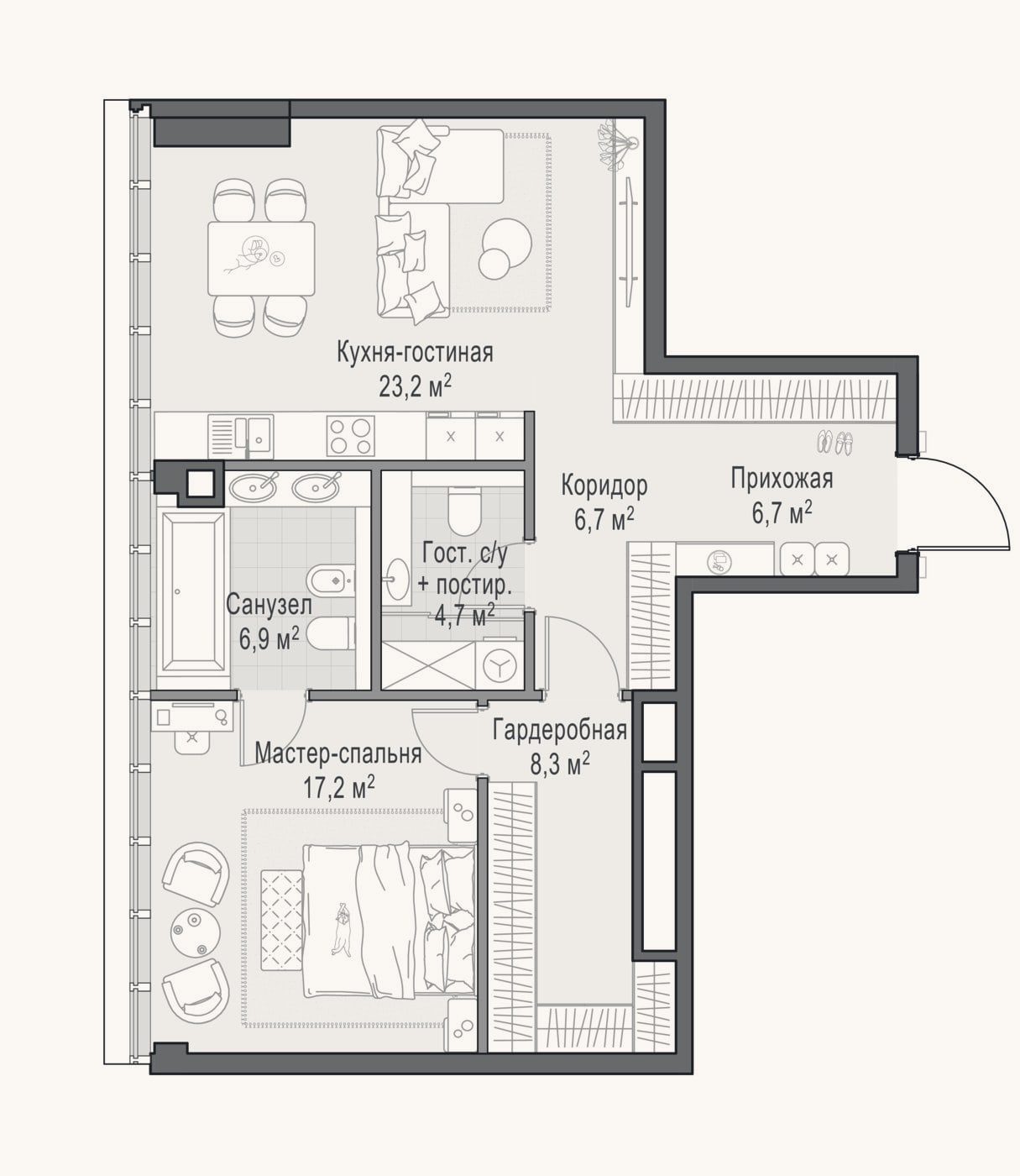 Планировка: 2-к, 73,7 м²