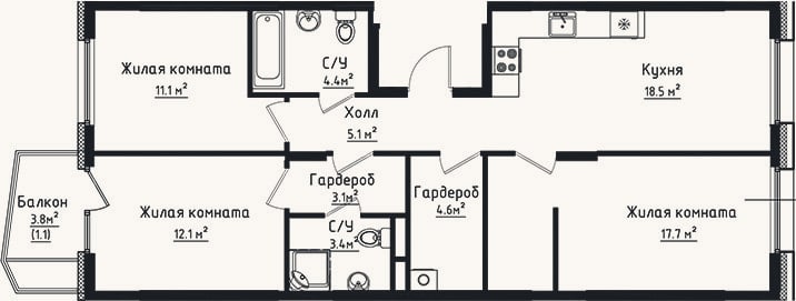 Планировка: 3-к, 80 м²