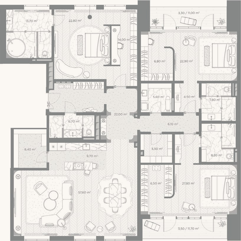 Планировка: 3-к, 256,6 м²