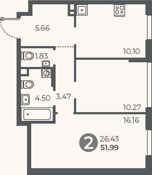 Планировка: 2-к, 52 м²