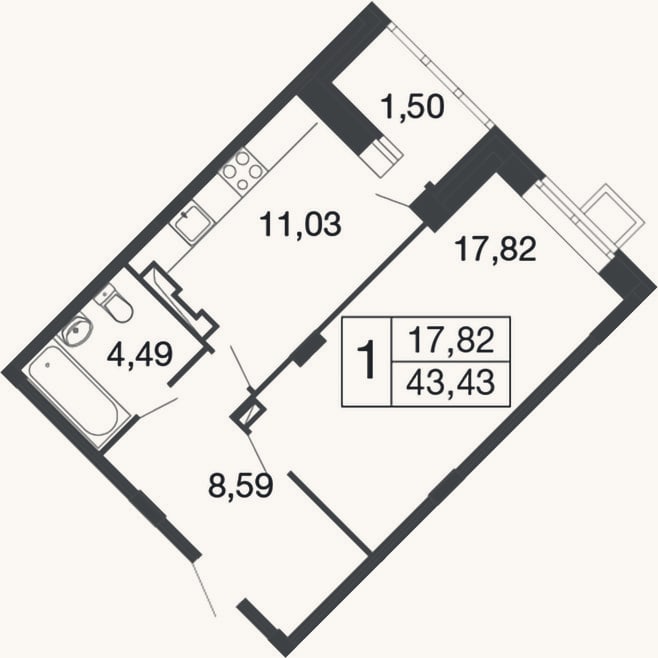 Планировка: 1-к, 41,9 м²