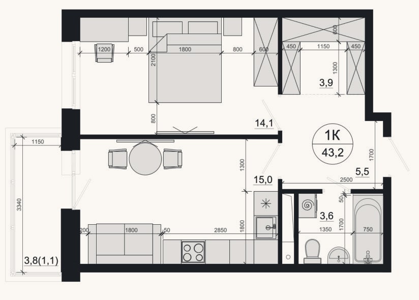 Планировка: 1-к, 42,1 м²