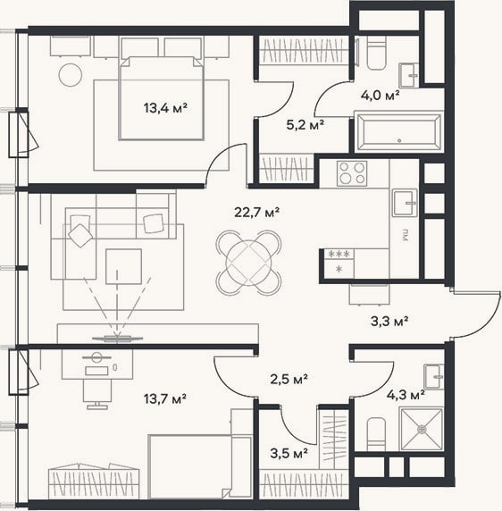 Планировка: 3-к, 72,6 м²