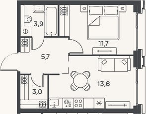 Планировка: 2-к, 37,6 м²