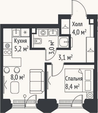 Планировка: 2-к, 31,7 м²