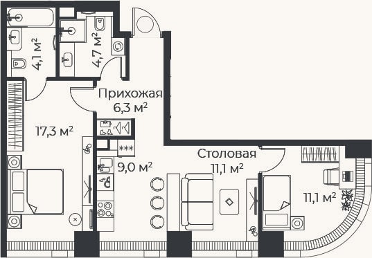 Планировка: 3-к, 63,5 м²