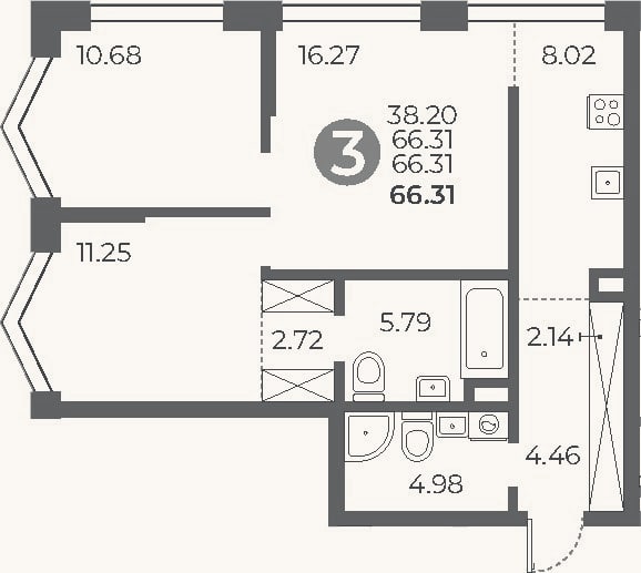 Планировка: 2-к, 66,3 м²