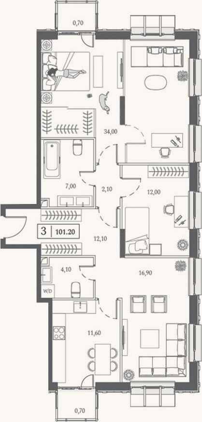 Планировка: 3-к, 99,5 м²