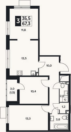Планировка: 3-к, 66,8 м²