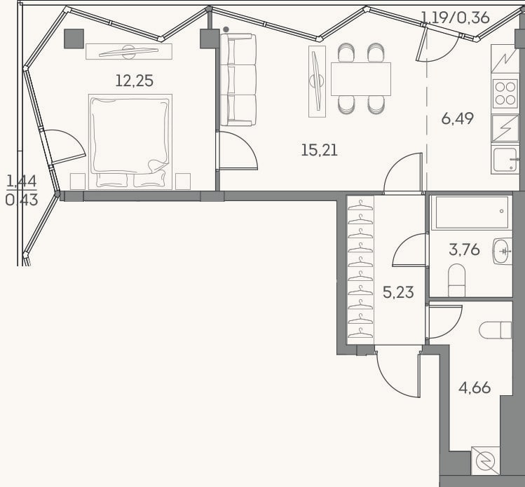 Планировка: 2-к, 47,6 м²