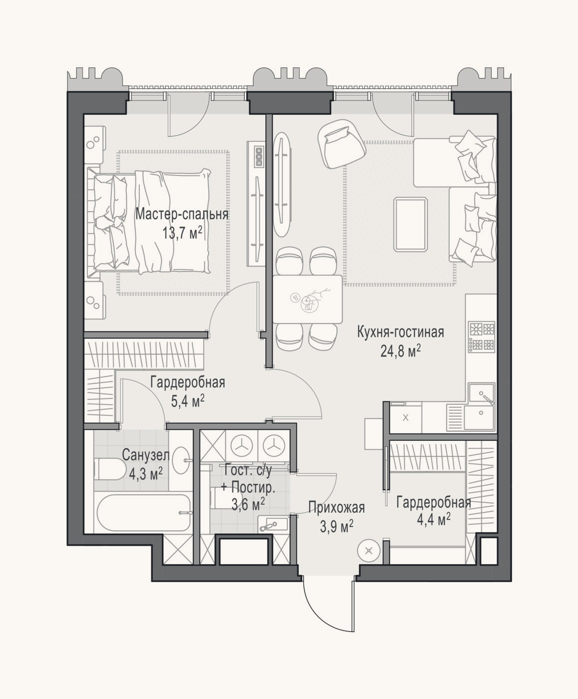 Планировка: 2-к, 60,3 м²