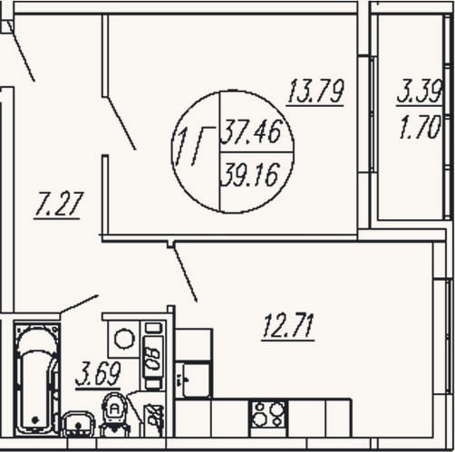 Планировка: 1-к, 37,5 м²