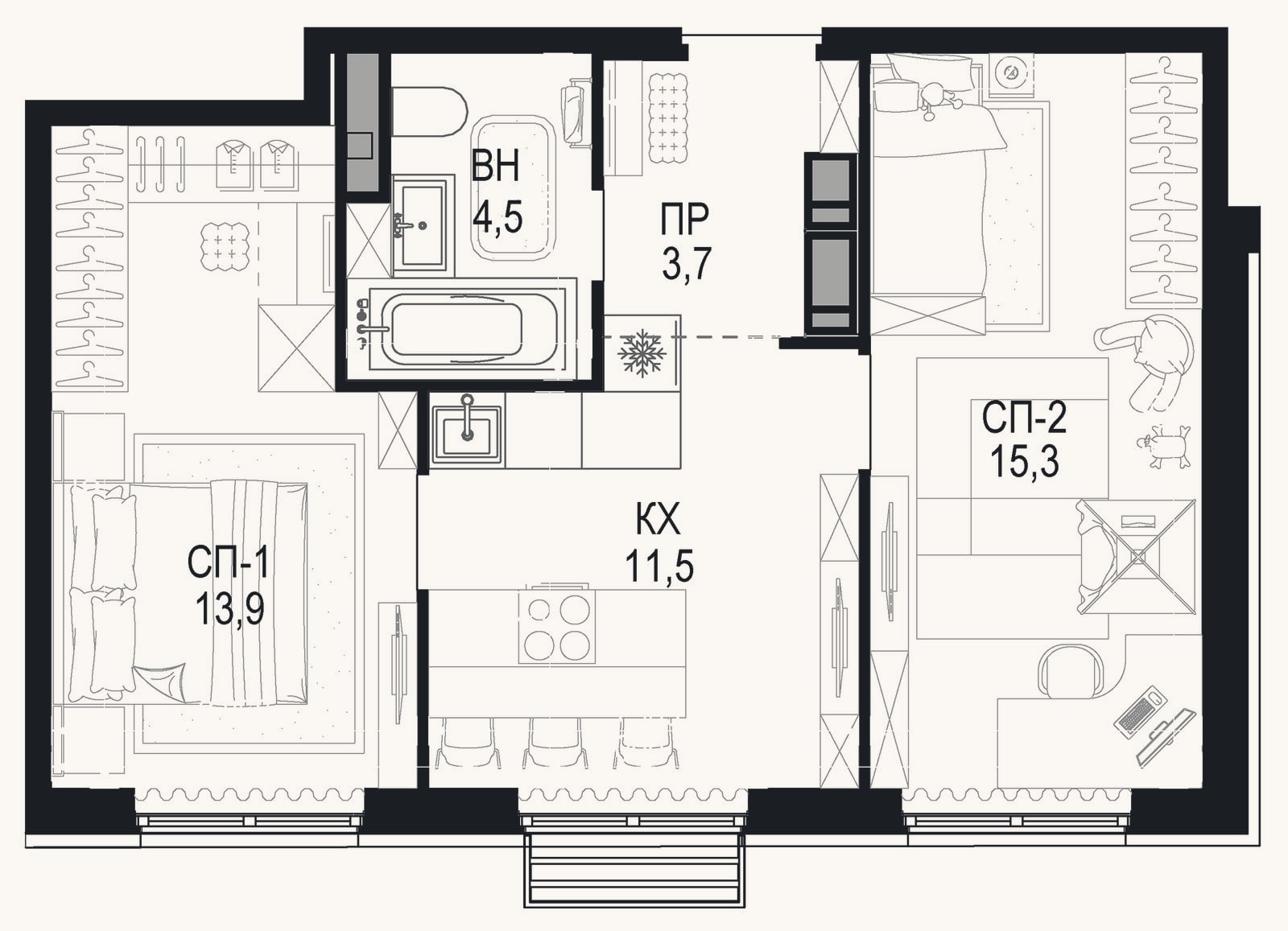 Планировка: 2-к, 48,9 м²