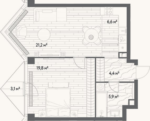 Планировка: 2-к, 57,9 м²