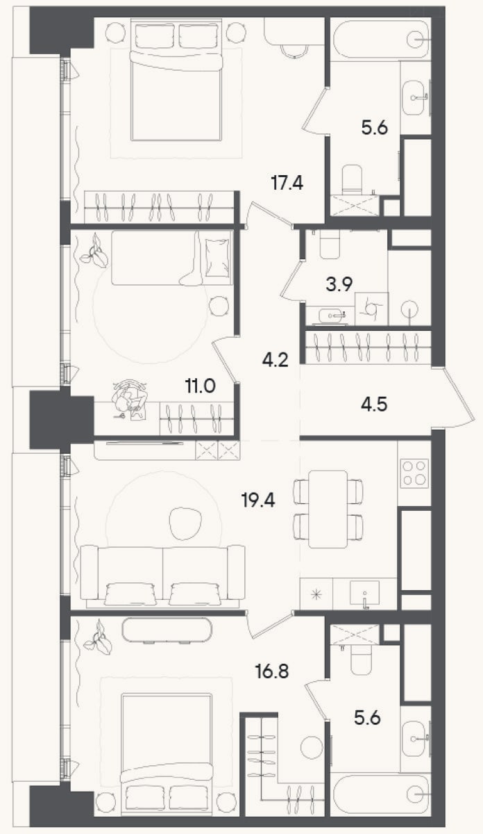 Планировка: 4+ к, 88,4 м²