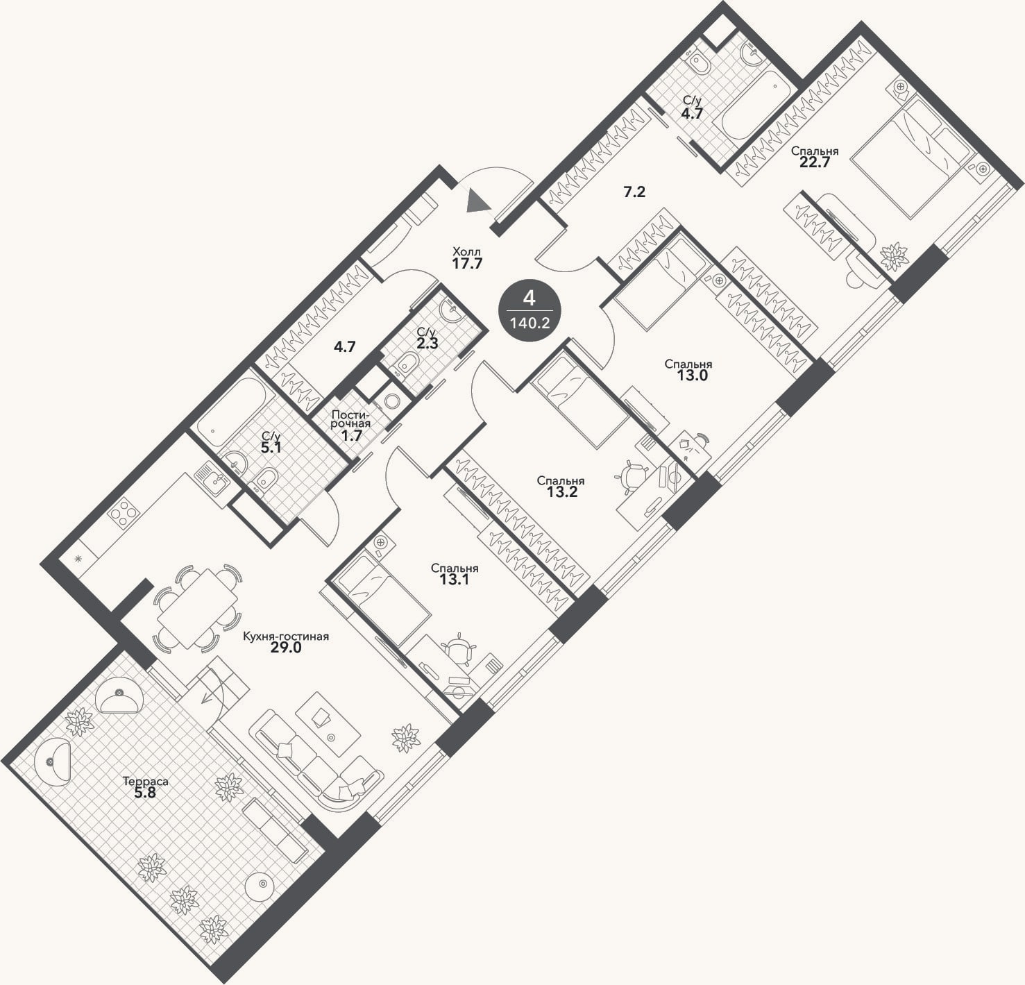 Планировка: 4+ к, 134,4 м²