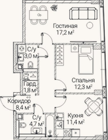 Планировка: 2-к, 58,8 м²